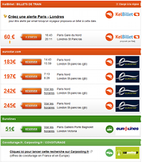 Aperçu de la page de résultats avec différents types de transport