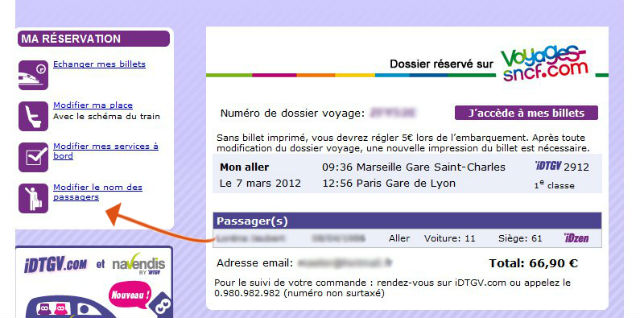 Modification d'un nom de passager pour un billet iDTGV