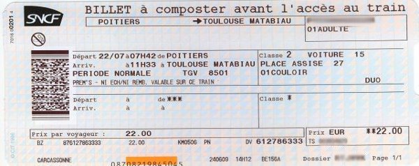 Billet cartonné classique SNCF cessible