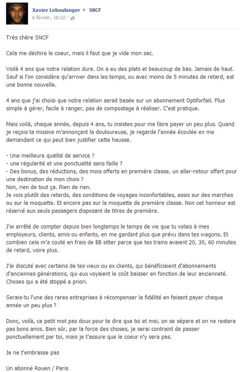 Lettre de rupture de Xavier Leboulanger à la SNCF