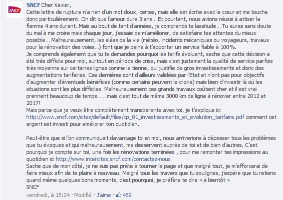 Réponse de la SNCF à la lettre de rupture