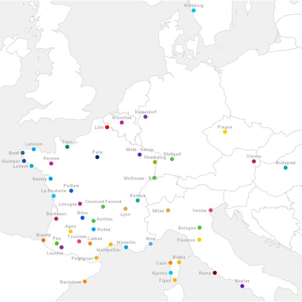 Carte des destinations de la compagnie Hop!