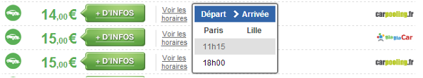 covoiturage horaires Exemple des horaires de départ disponibles pour un tarif donné sur un trajet Paris Lille