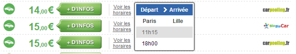 Exemple des horaires de départ disponibles pour un tarif donné sur un trajet Paris Lille