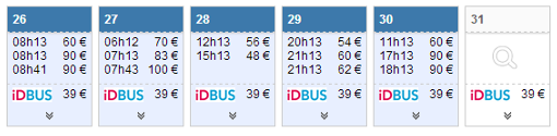 Exemple de résultats sur le calendrier des prix pour la fin du mois de juillet