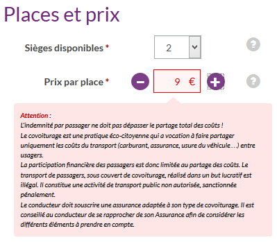 Nombre de places et prix du covoiturage