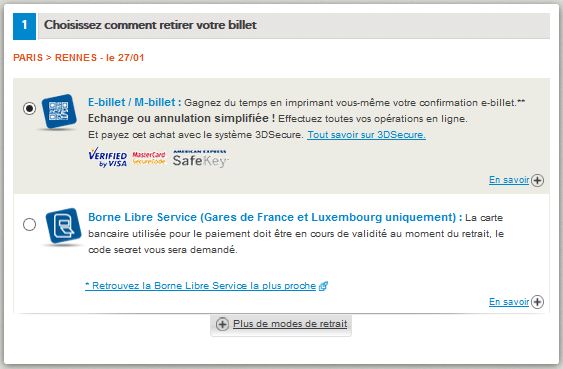 Modes de retrait proposé par défaut par le site Voyages-SNCF
