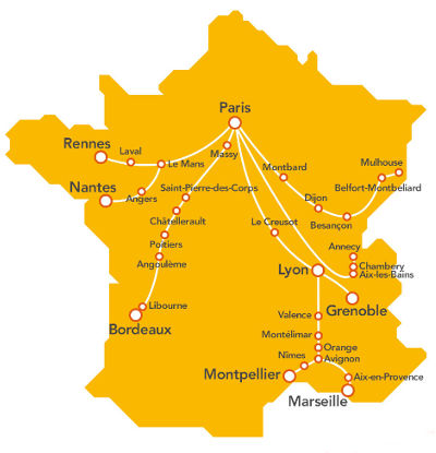 Carte des destinations TGVpop SNCF