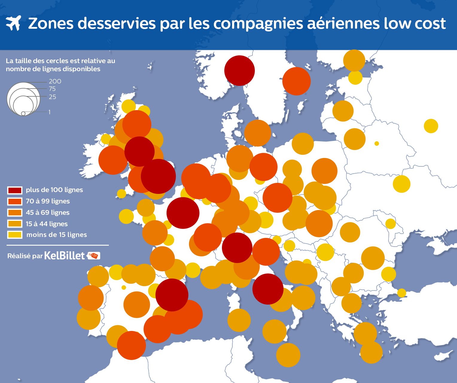 Carte des zones les mieux desservies par les compagnies aériennes low cost