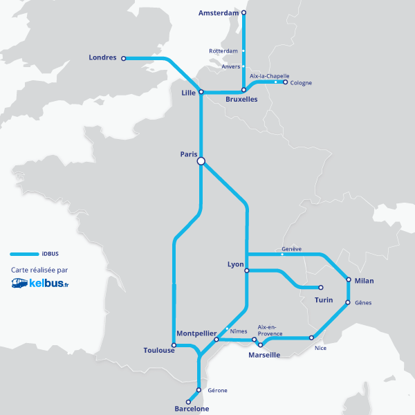 Carte du réseau iDBUS avant l'ouverture des nouvelles lignes OUIBUS