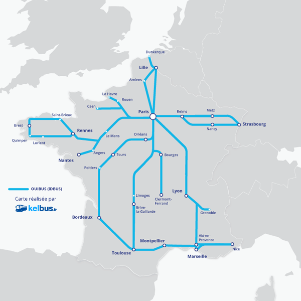 Carte représentant les nouvelles lignes OUIBUS (ex iDBUS)