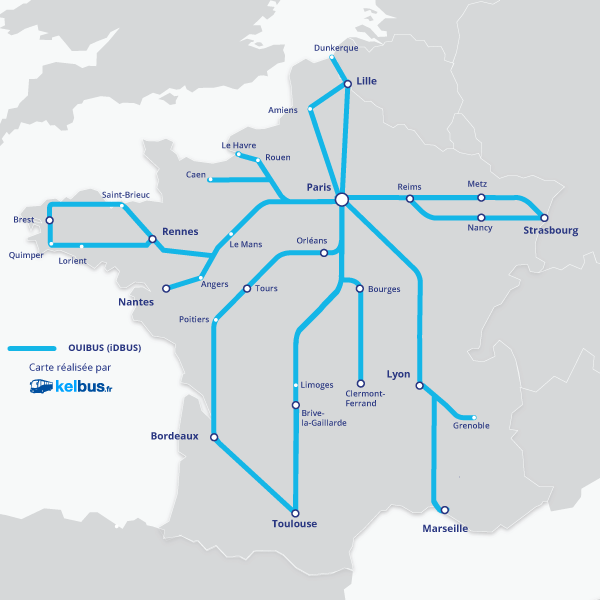 Trajets opérés par OUIBUS depuis Paris