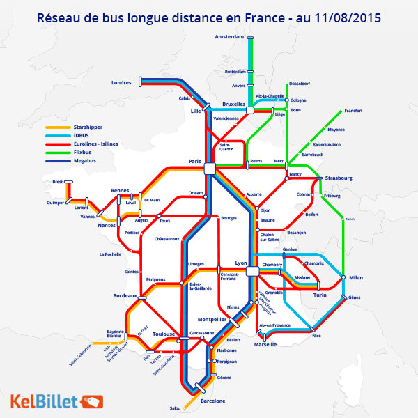 Carte réseau de bus longue distance en France en août