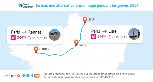 Carte des trajets bus BlaBlaCar durant les grèves du mois de mai