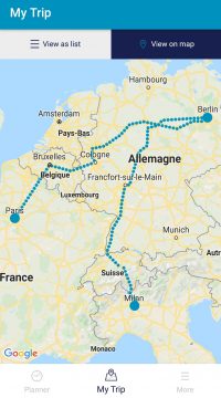 Détails d'un voyage Interrail au format carte